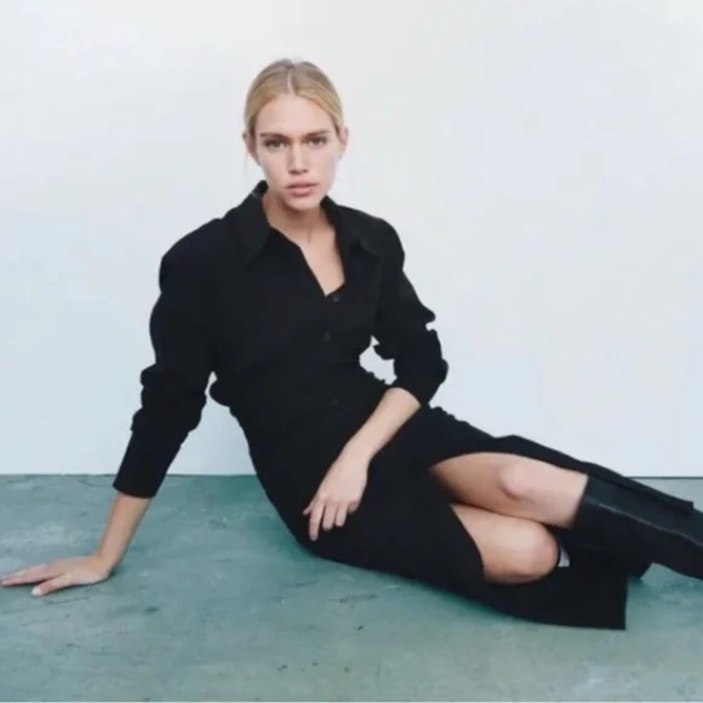 ZARA Clinched Waist  Black Button-Down Midi Dress